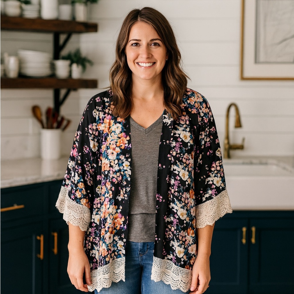 Umgee Kimono Women Black Floral Crochet Lace Trim Long Flowy Boho Top M/L